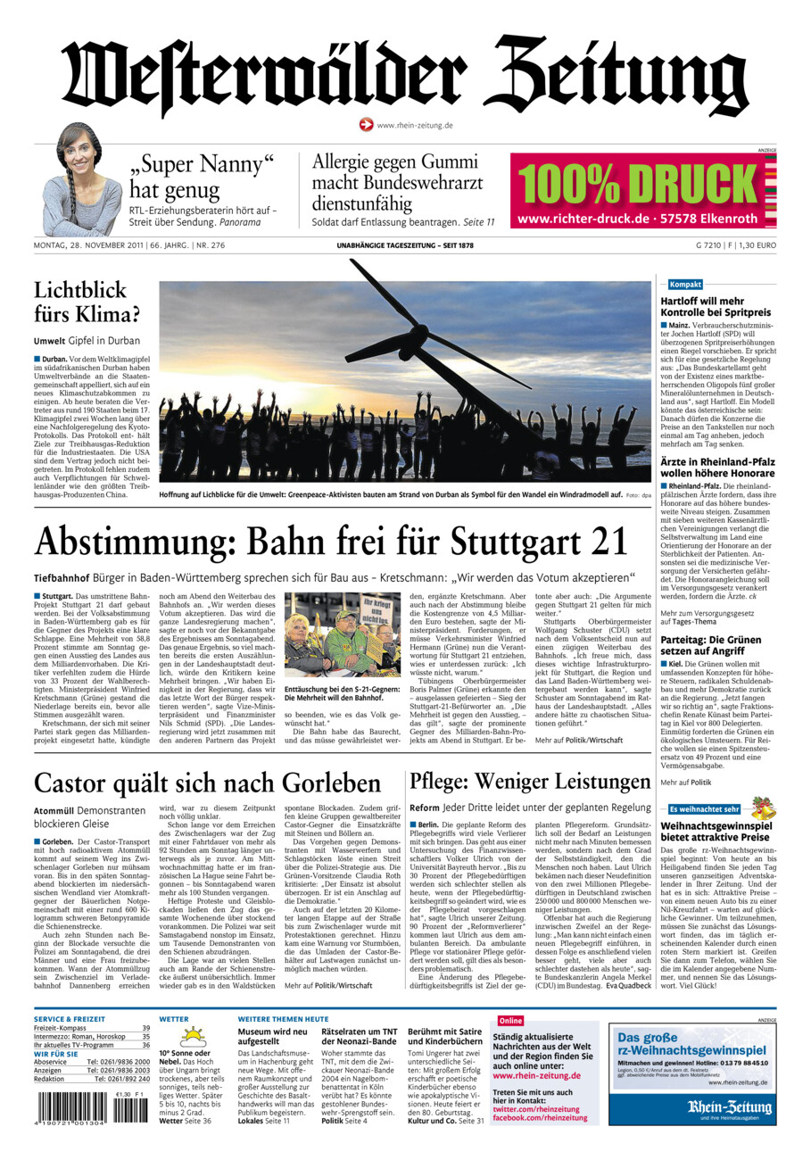 Westerwälder Zeitung vom Montag, 28.11.2011