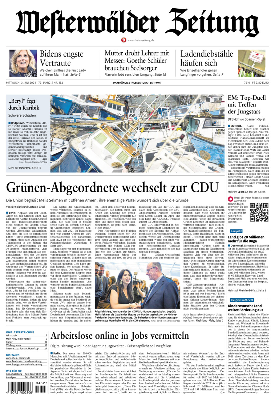 Westerwälder Zeitung vom Mittwoch, 03.07.2024