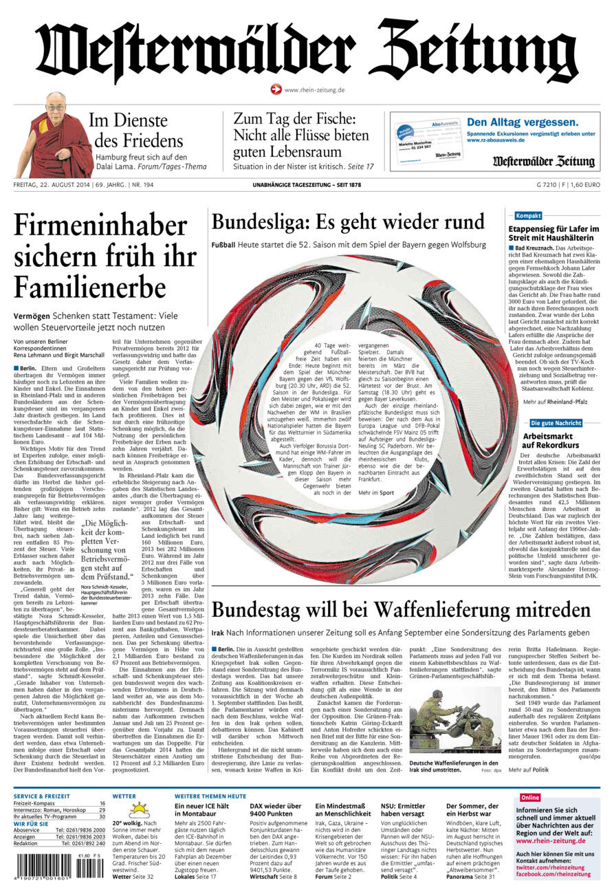 Westerwälder Zeitung vom Freitag, 22.08.2014
