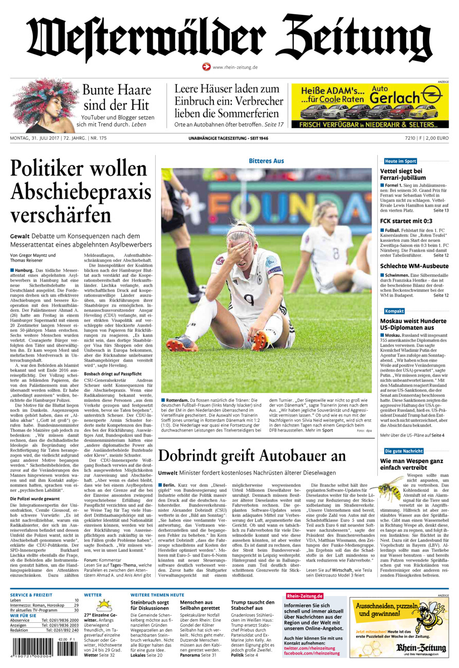 Westerwälder Zeitung vom Montag, 31.07.2017
