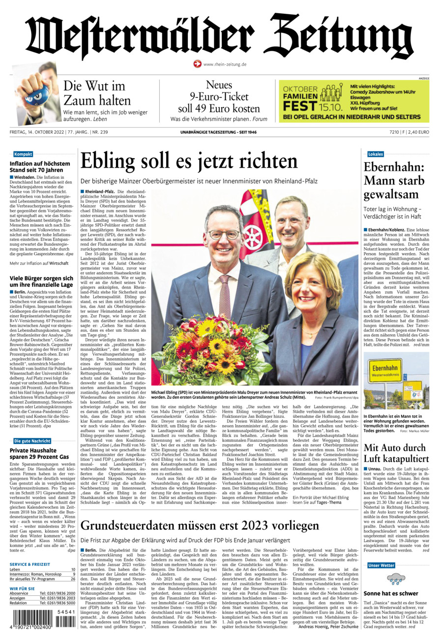 Westerwälder Zeitung vom Freitag, 14.10.2022