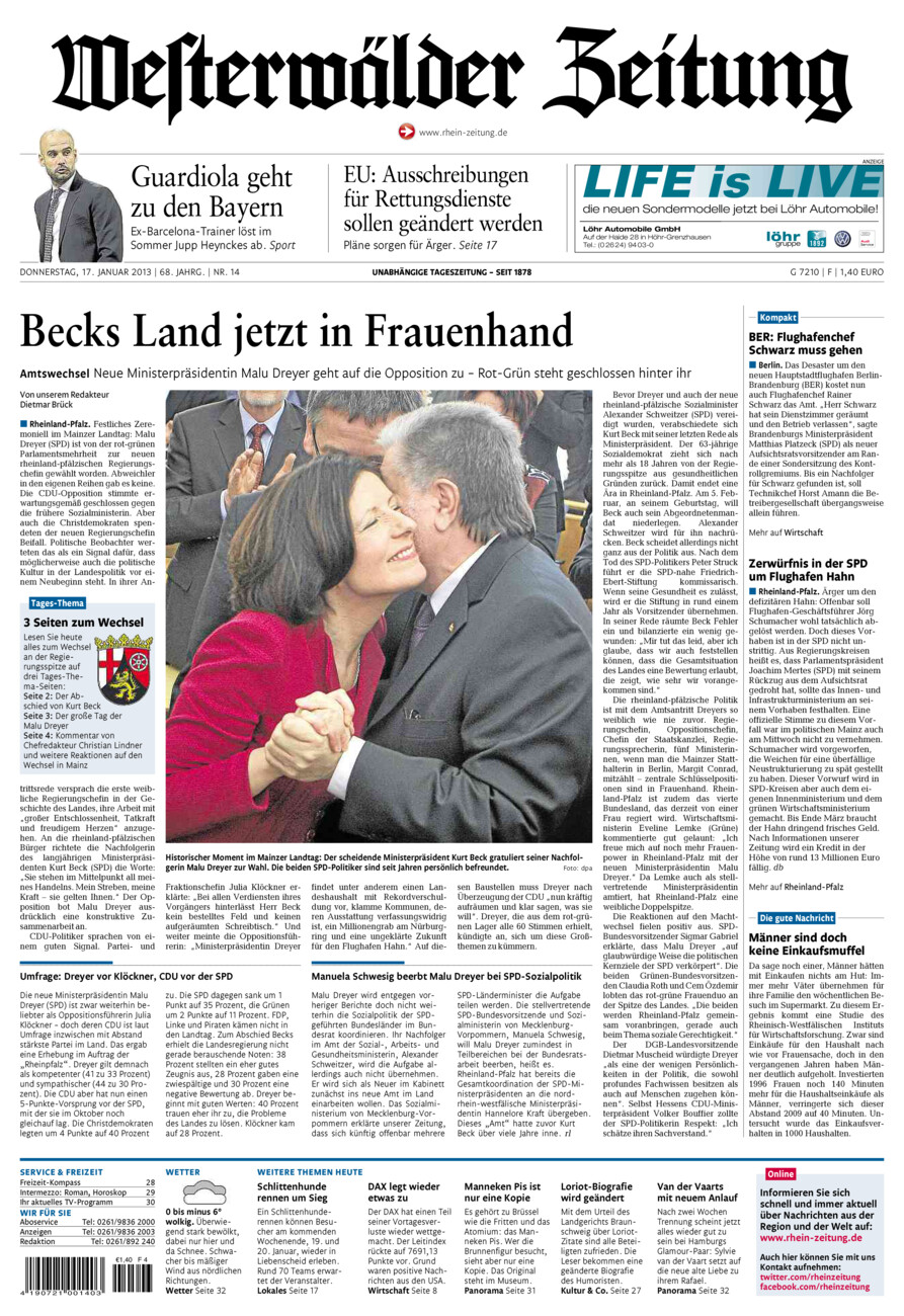 Westerwälder Zeitung vom Donnerstag, 17.01.2013