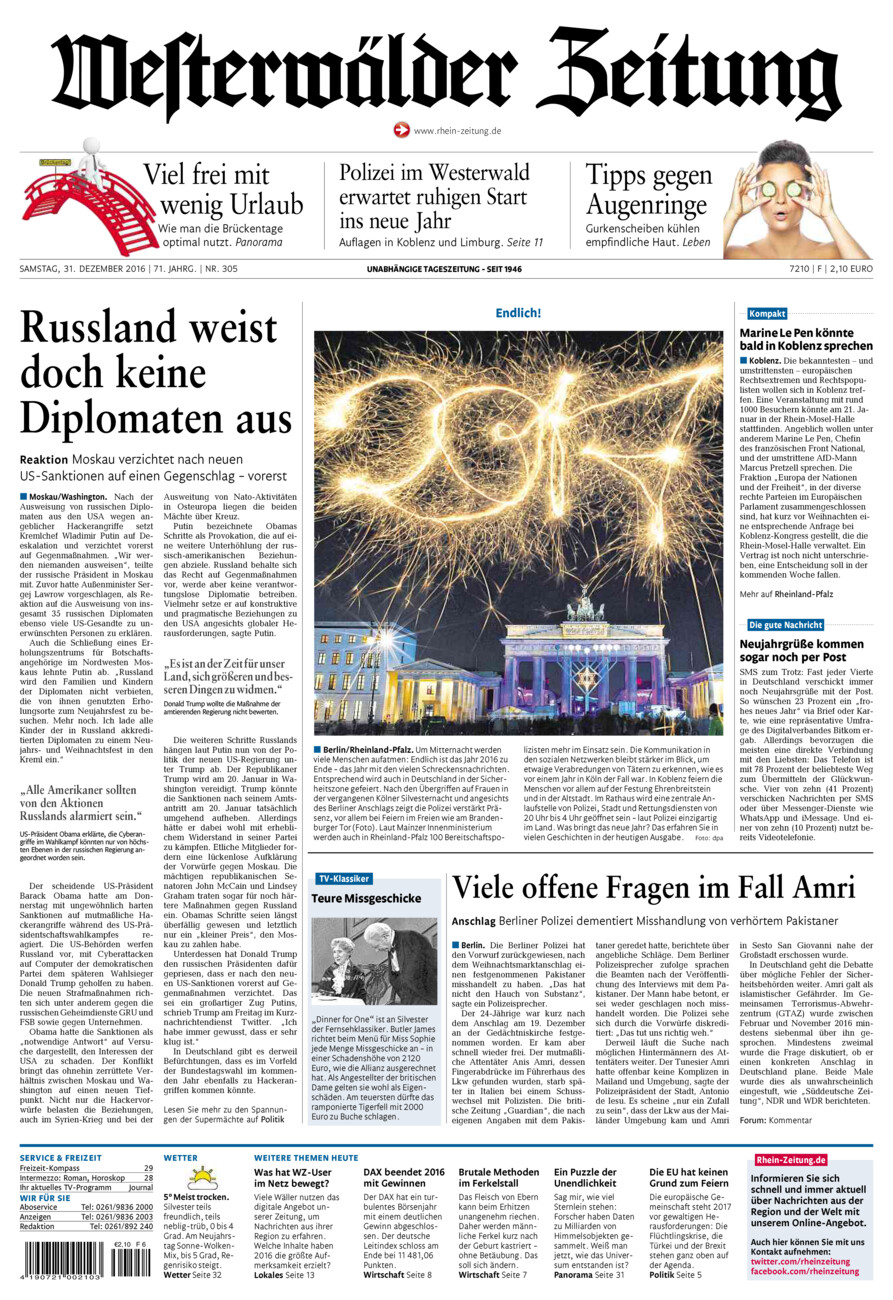 Westerwälder Zeitung vom Samstag, 31.12.2016
