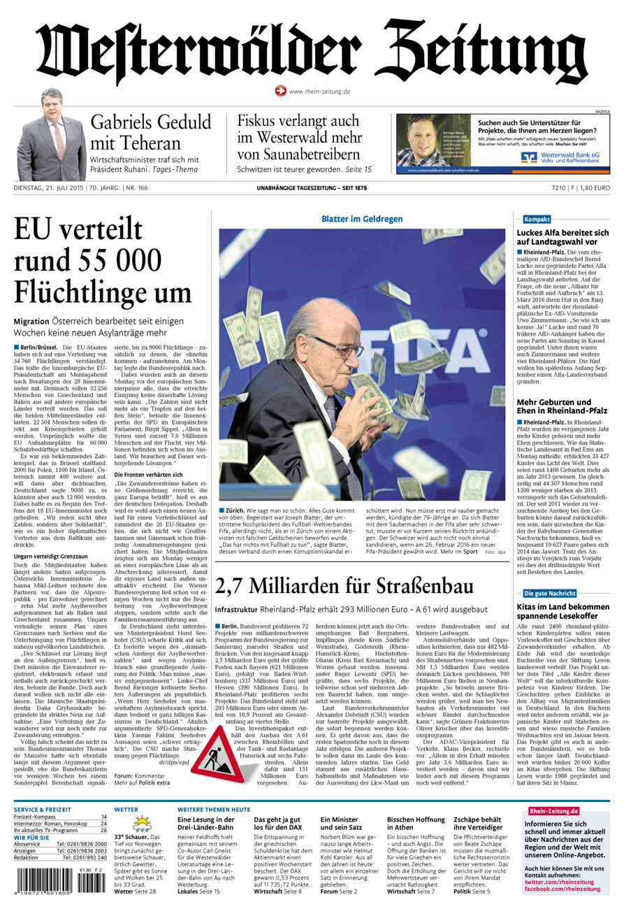 Westerwälder Zeitung vom Dienstag, 21.07.2015