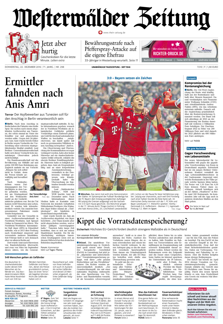 Westerwälder Zeitung vom Donnerstag, 22.12.2016