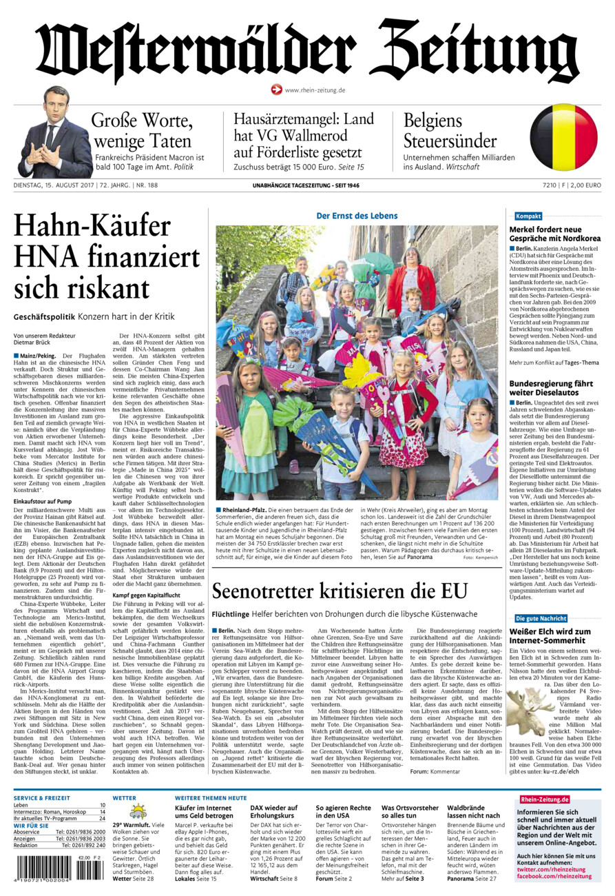Westerwälder Zeitung vom Dienstag, 15.08.2017