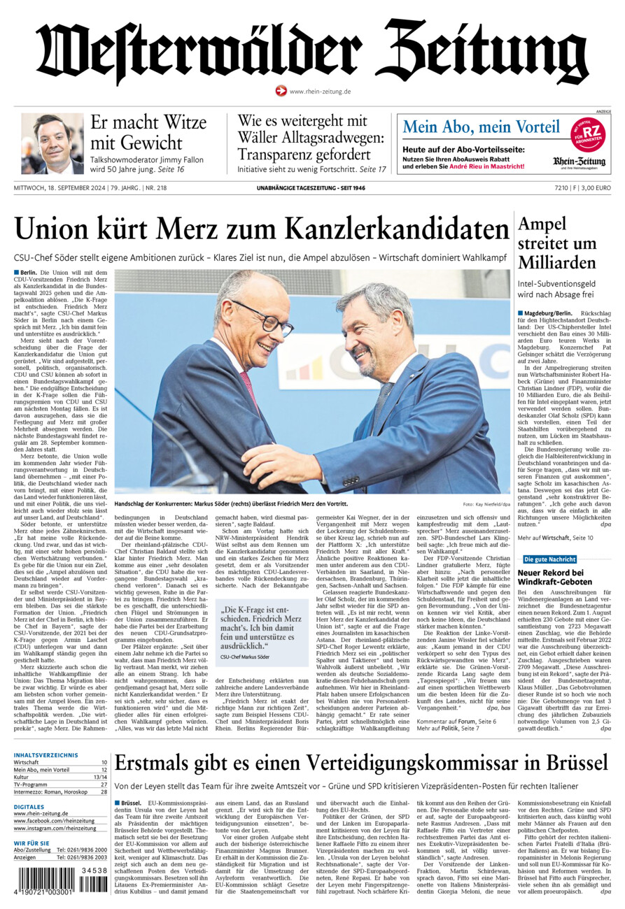 Westerwälder Zeitung vom Mittwoch, 18.09.2024