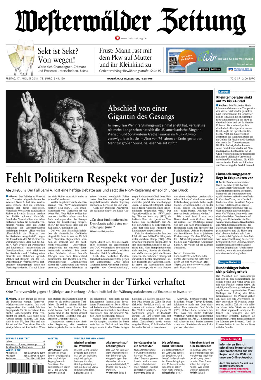 Westerwälder Zeitung vom Freitag, 17.08.2018