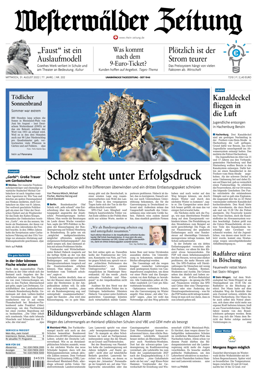 Westerwälder Zeitung vom Mittwoch, 31.08.2022
