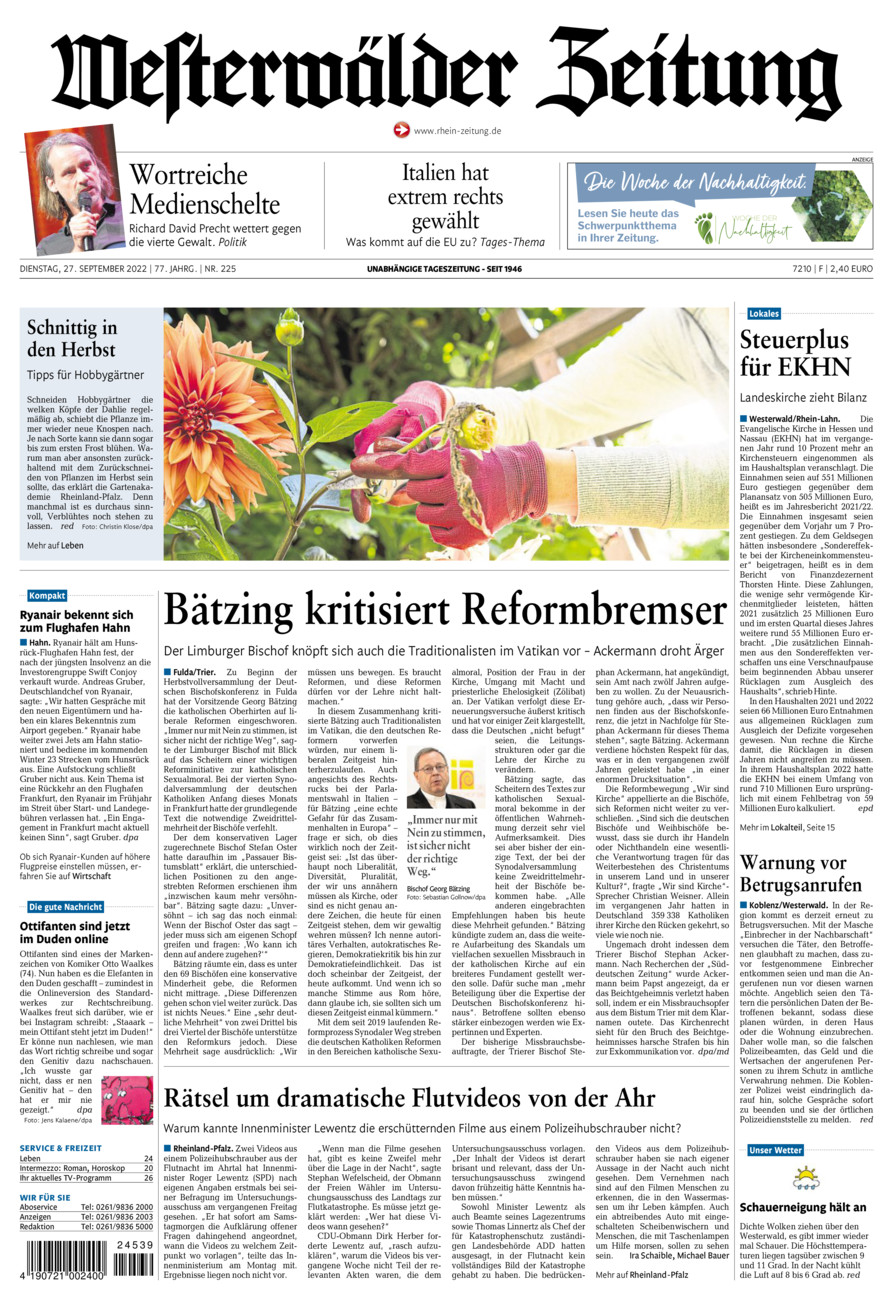Westerwälder Zeitung vom Dienstag, 27.09.2022