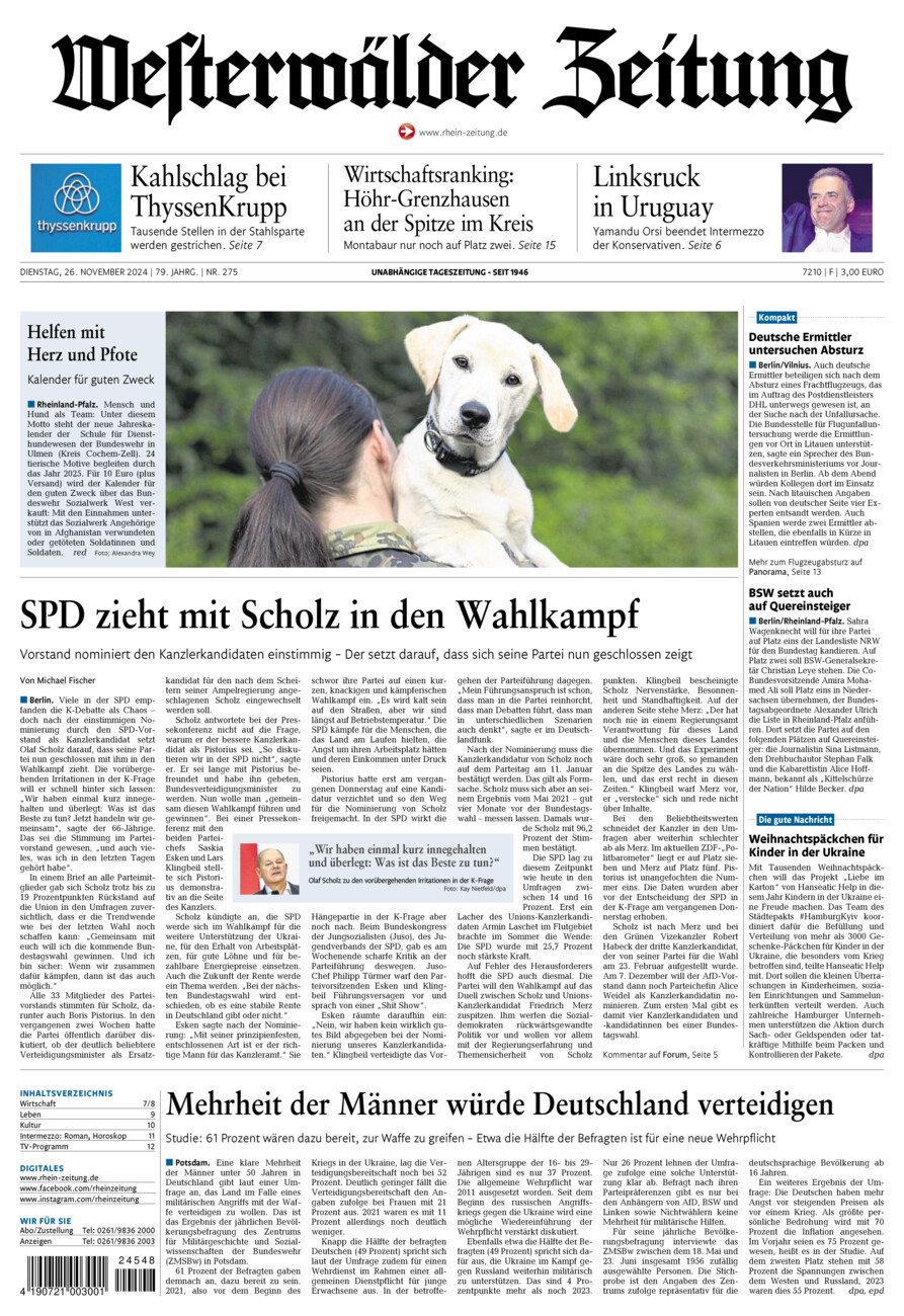 Westerwälder Zeitung vom Dienstag, 26.11.2024