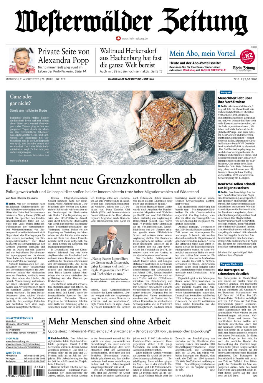 Westerwälder Zeitung vom Mittwoch, 02.08.2023