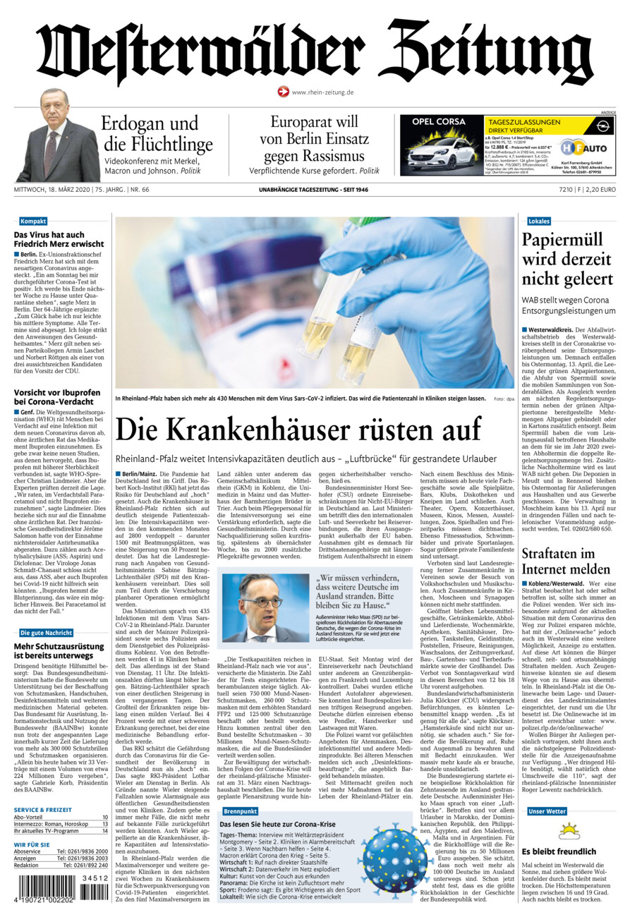 Westerwälder Zeitung vom Mittwoch, 18.03.2020
