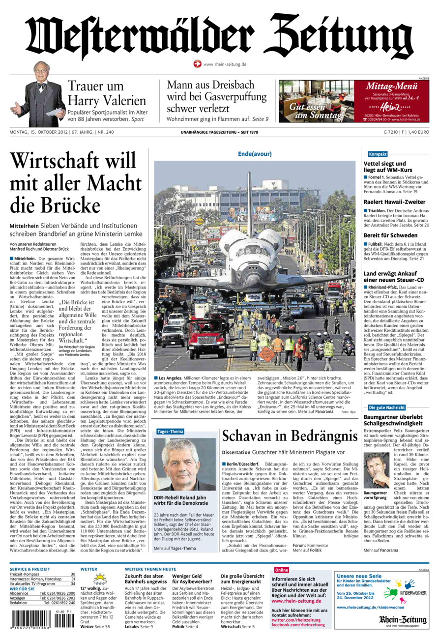 Westerwälder Zeitung vom Montag, 15.10.2012