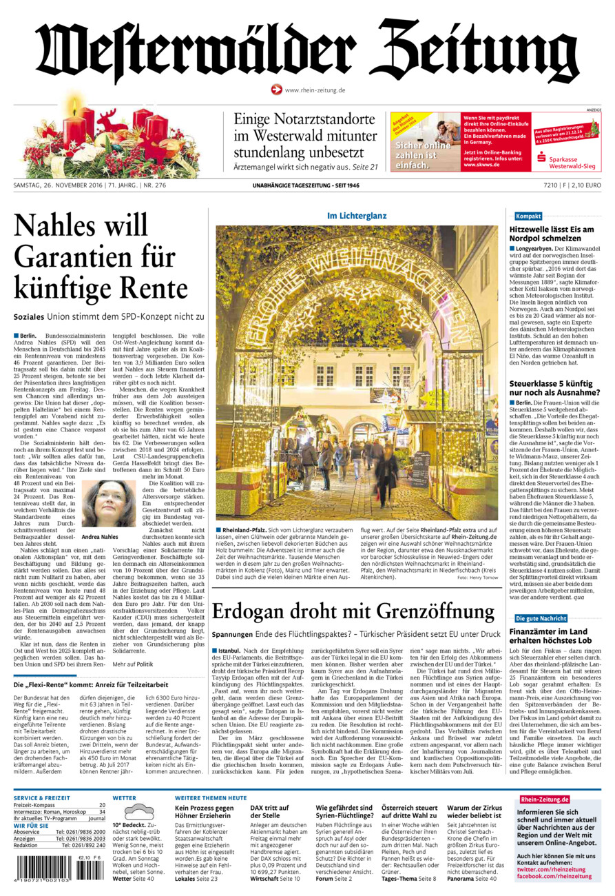Westerwälder Zeitung vom Samstag, 26.11.2016