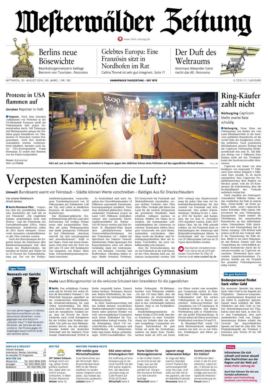 Westerwälder Zeitung vom Mittwoch, 20.08.2014
