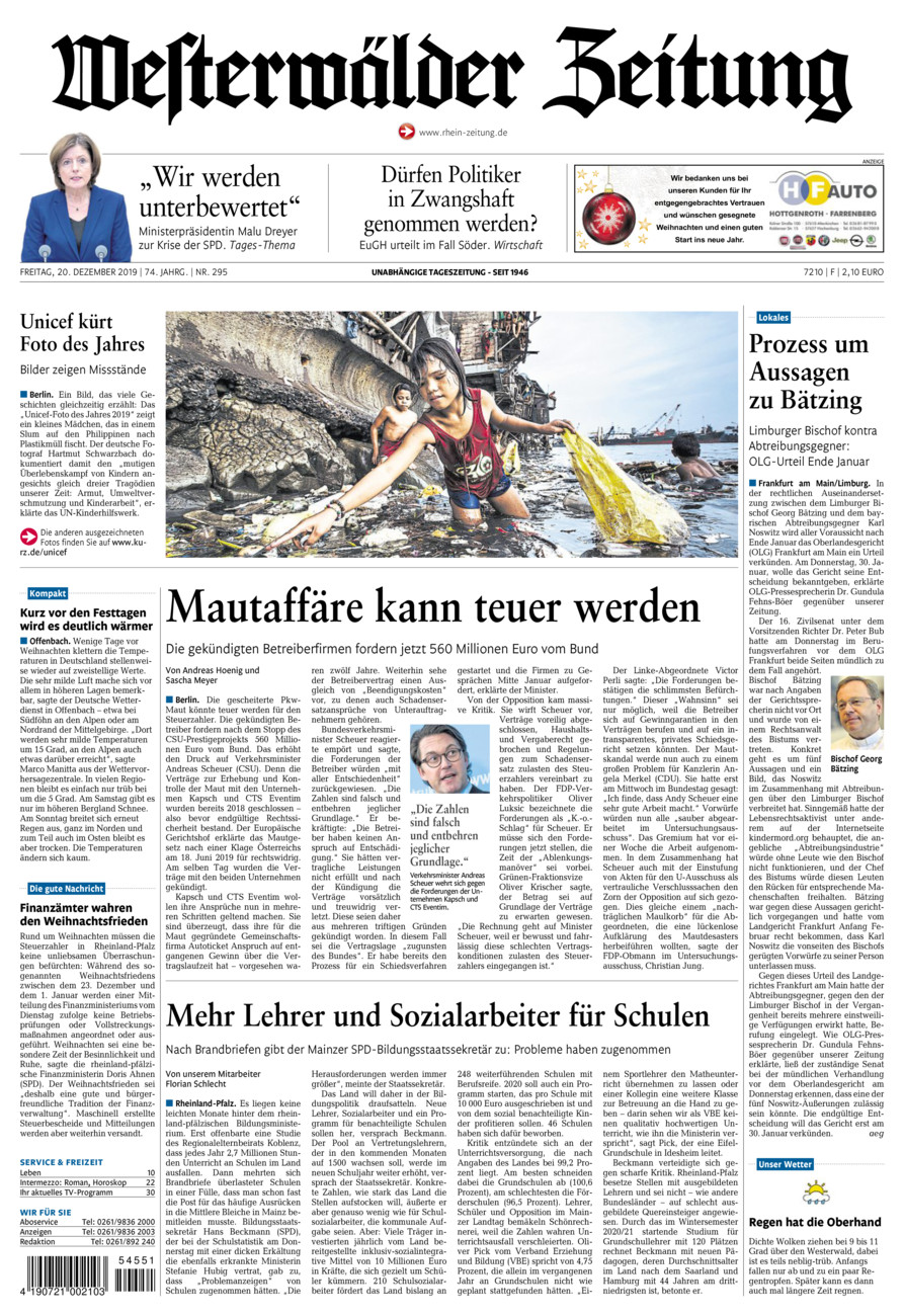 Westerwälder Zeitung vom Freitag, 20.12.2019