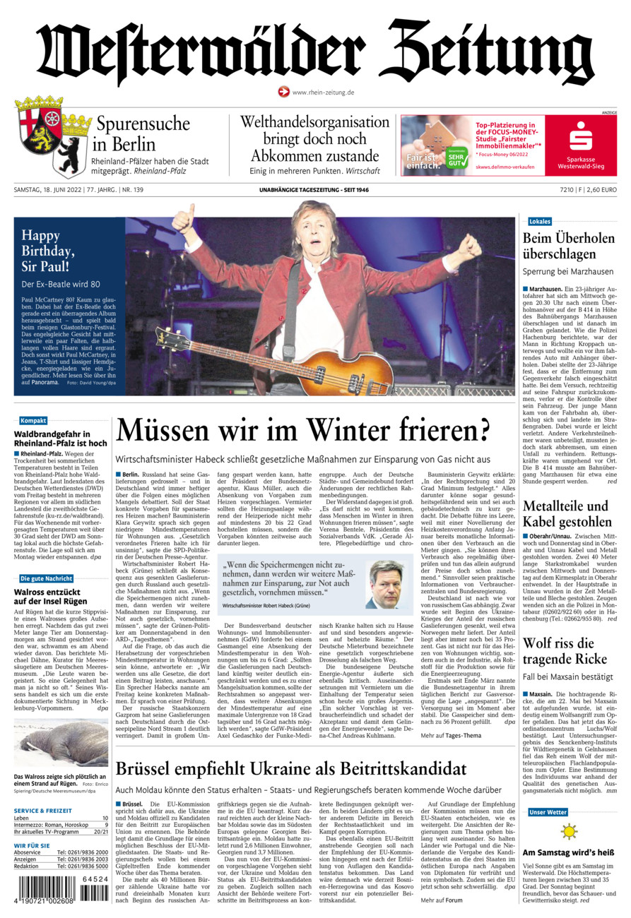 Westerwälder Zeitung vom Samstag, 18.06.2022