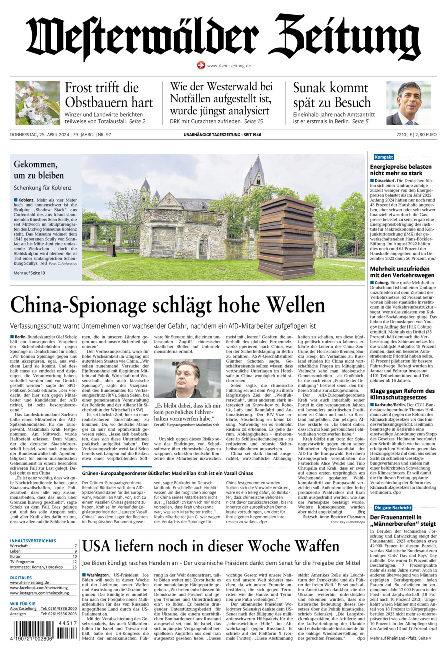 Westerwälder Zeitung vom Donnerstag, 25.04.2024