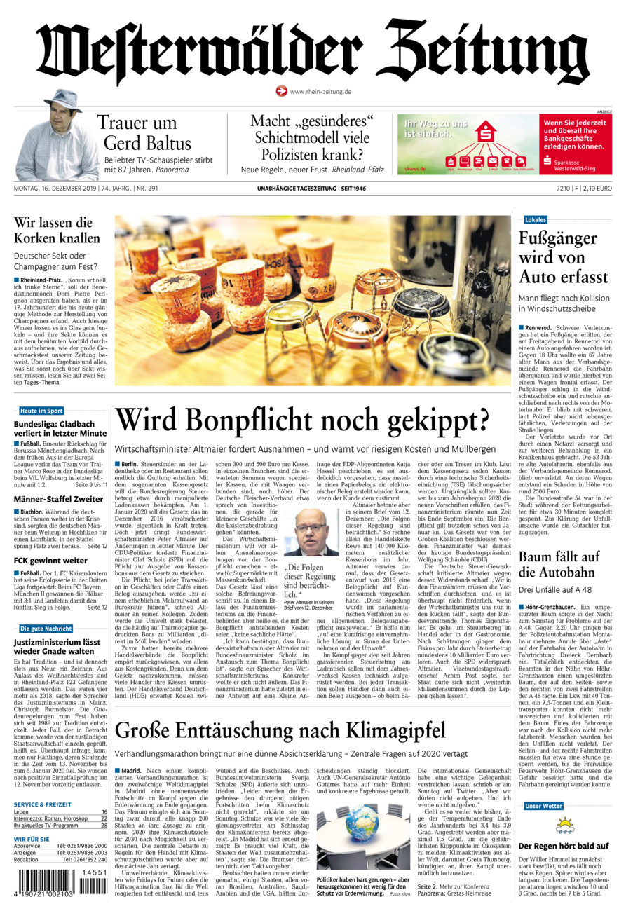 Westerwälder Zeitung vom Montag, 16.12.2019