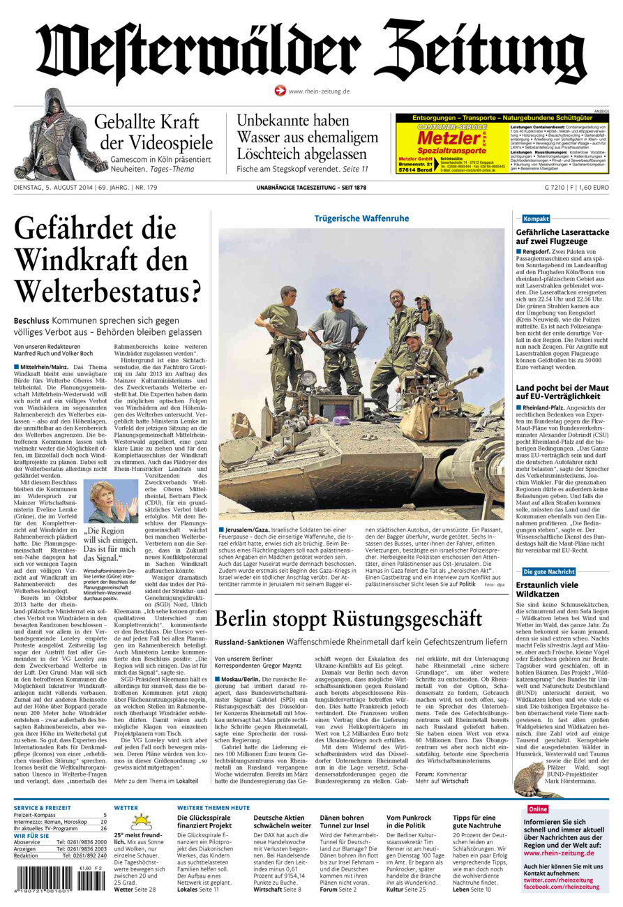 Westerwälder Zeitung vom Dienstag, 05.08.2014