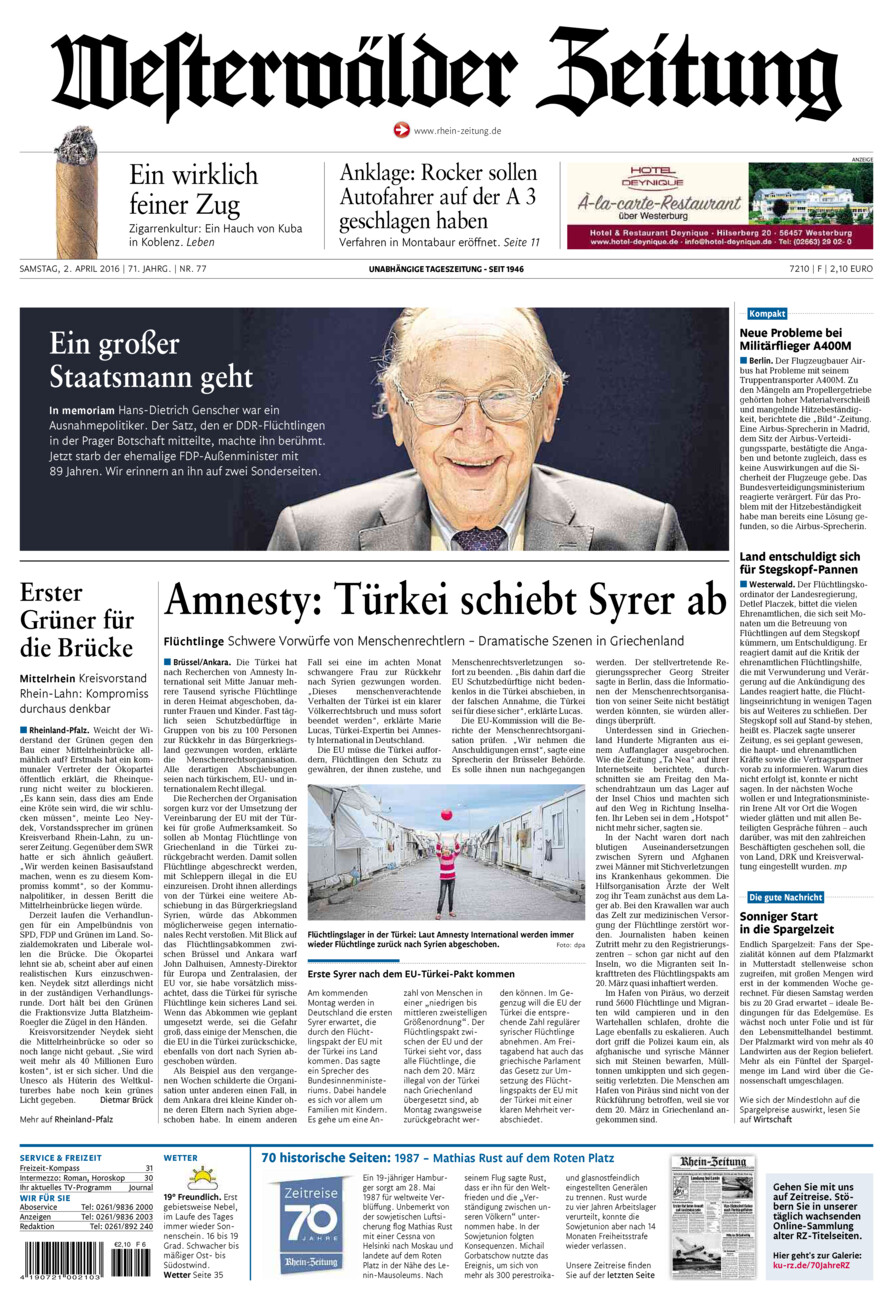 Westerwälder Zeitung vom Samstag, 02.04.2016