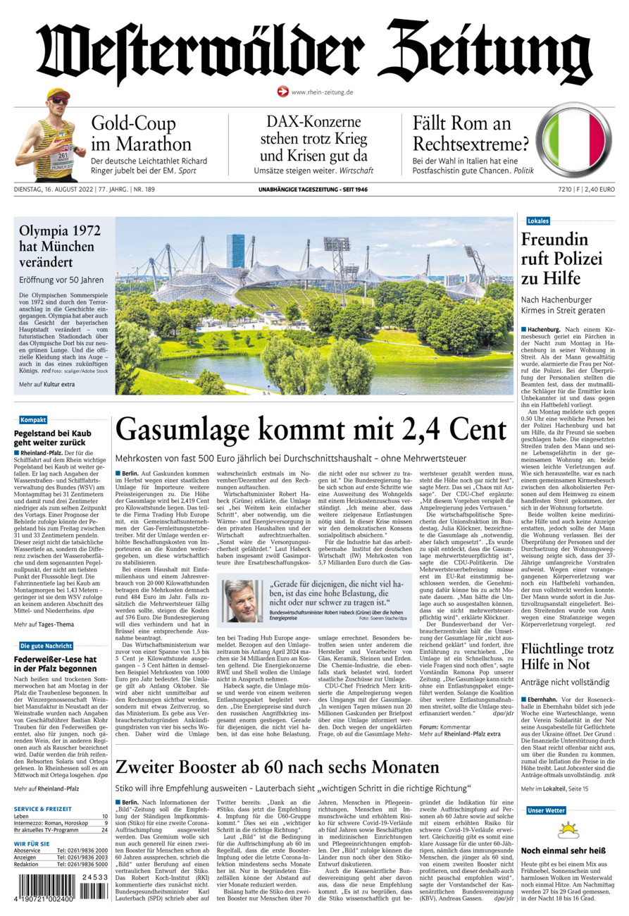 Westerwälder Zeitung vom Dienstag, 16.08.2022