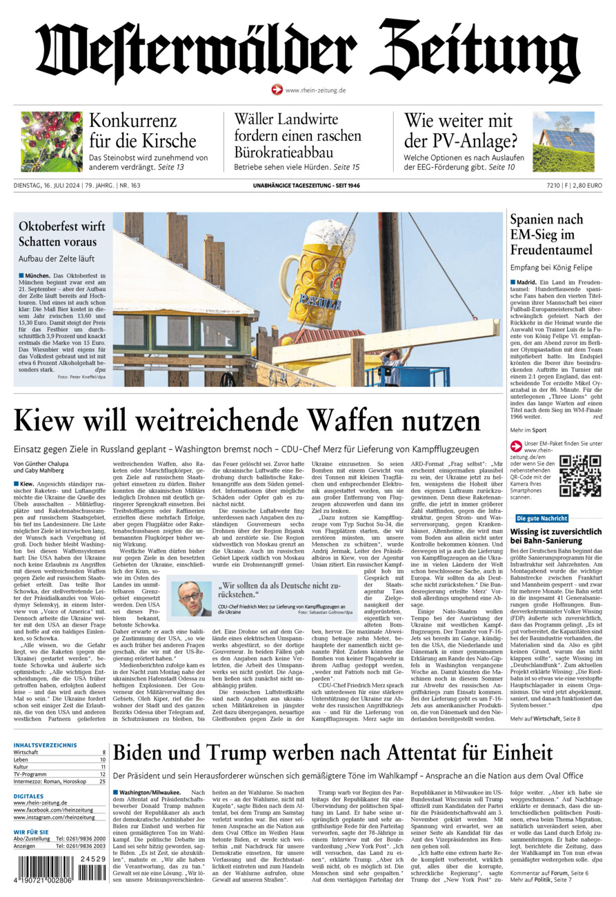 Westerwälder Zeitung vom Dienstag, 16.07.2024