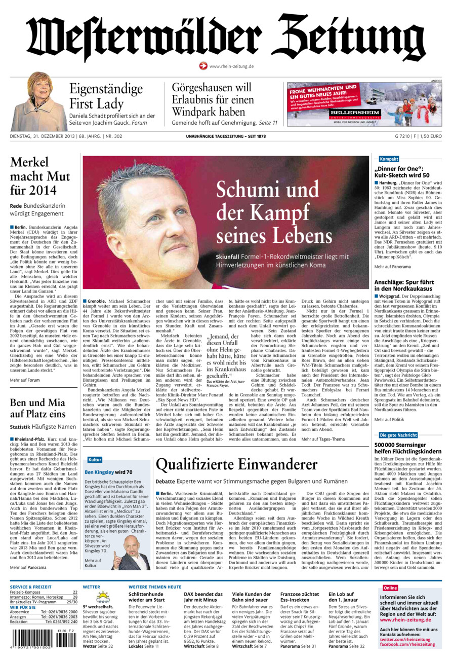 Westerwälder Zeitung vom Dienstag, 31.12.2013
