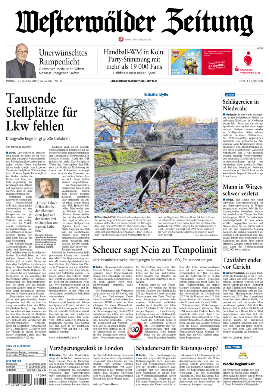 Westerwälder Zeitung vom Montag, 21.01.2019