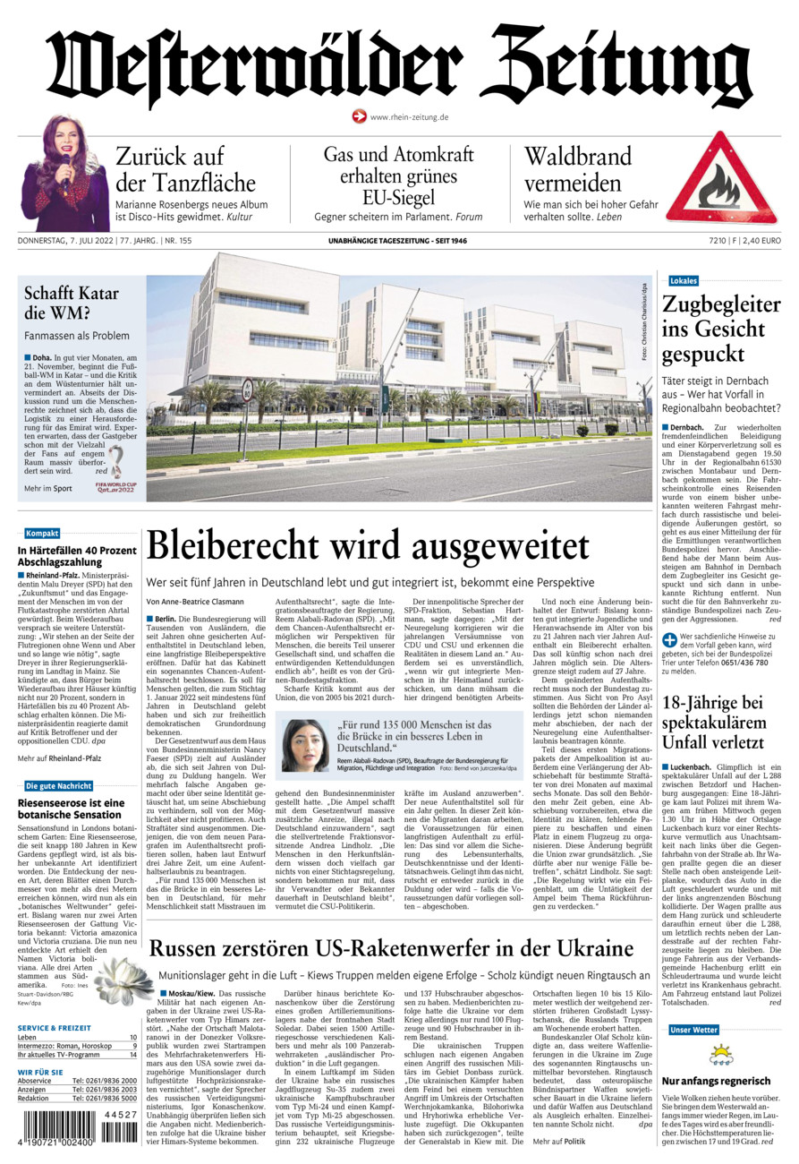 Westerwälder Zeitung vom Donnerstag, 07.07.2022