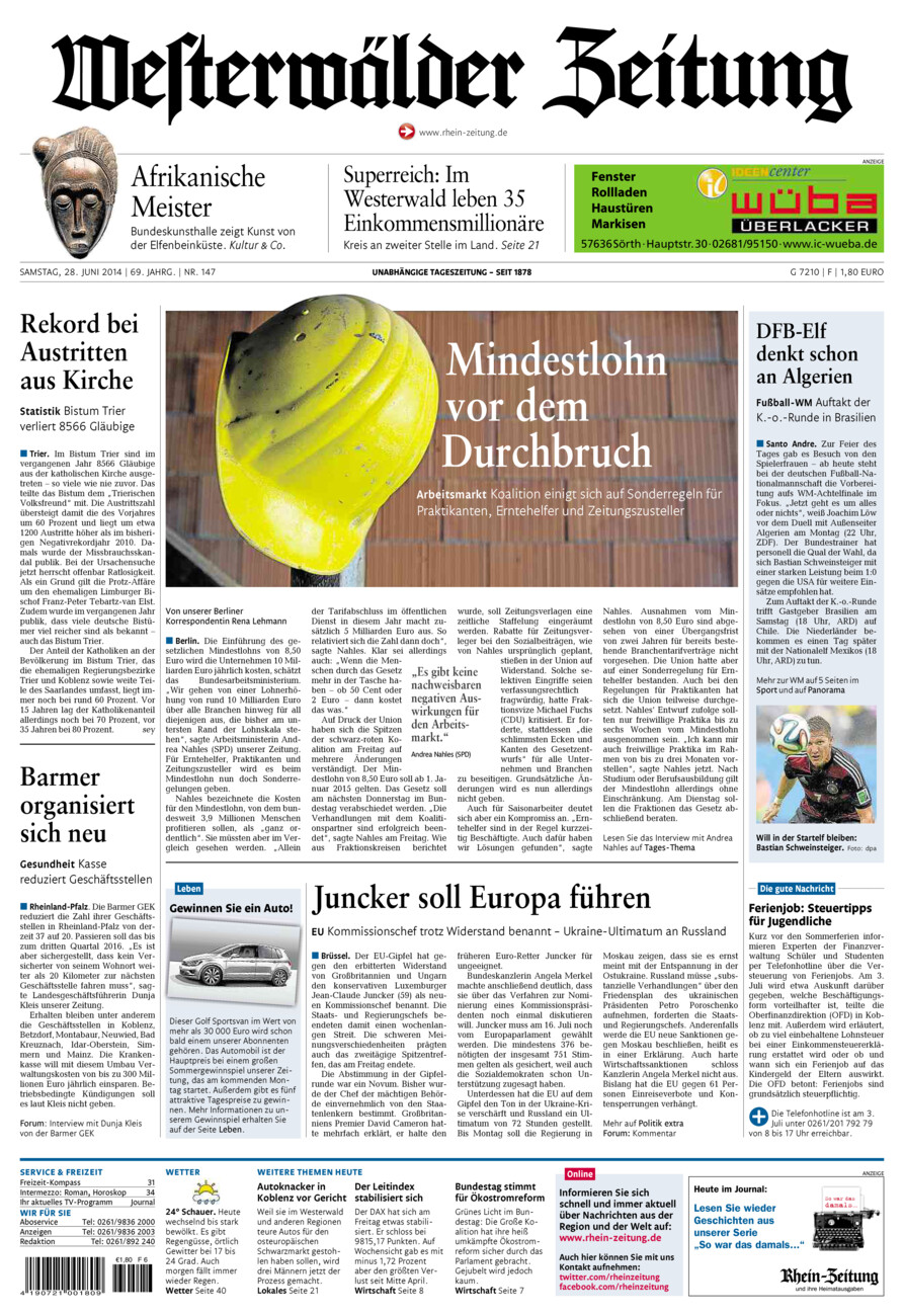 Westerwälder Zeitung vom Samstag, 28.06.2014