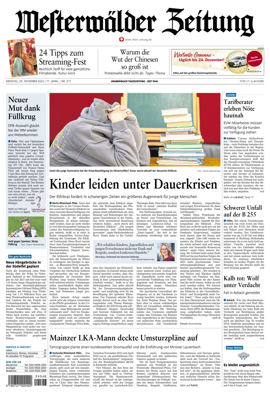 Westerwälder Zeitung vom Dienstag, 29.11.2022