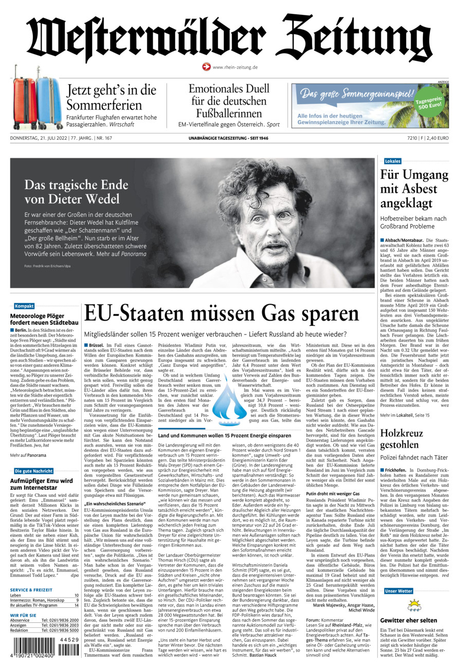 Westerwälder Zeitung vom Donnerstag, 21.07.2022