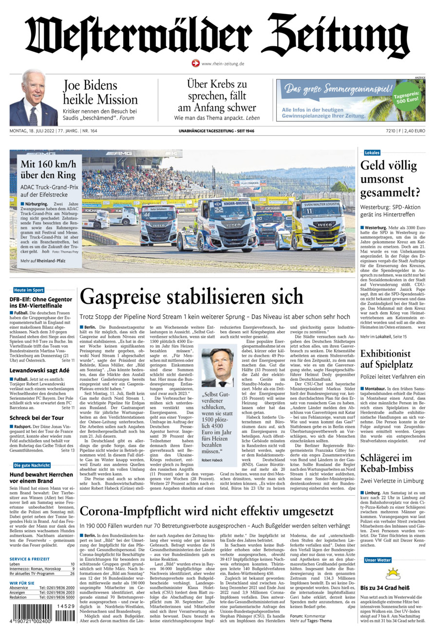 Westerwälder Zeitung vom Montag, 18.07.2022