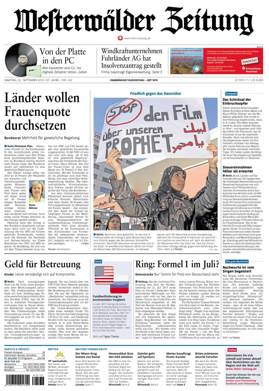 Westerwälder Zeitung vom Samstag, 22.09.2012