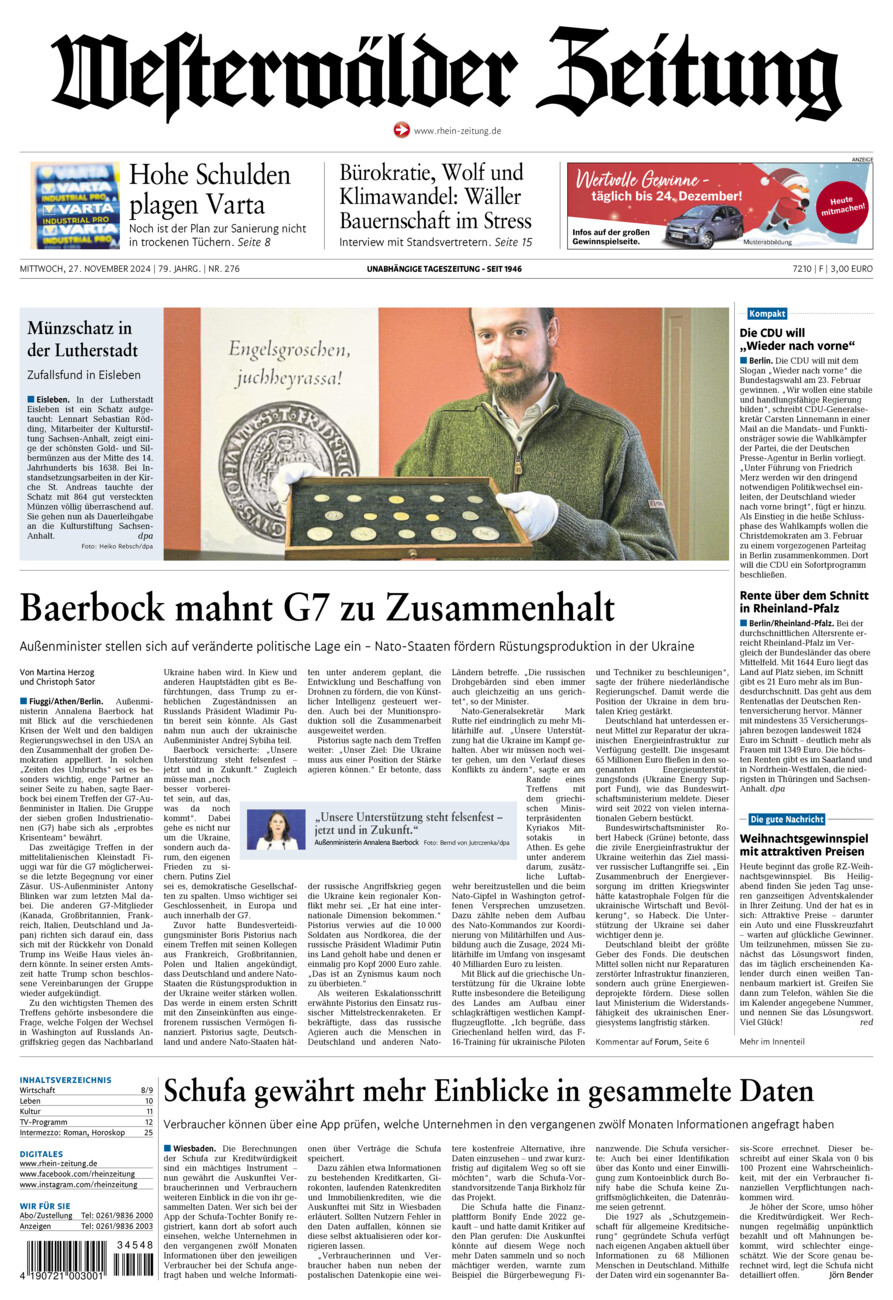 Westerwälder Zeitung vom Mittwoch, 27.11.2024