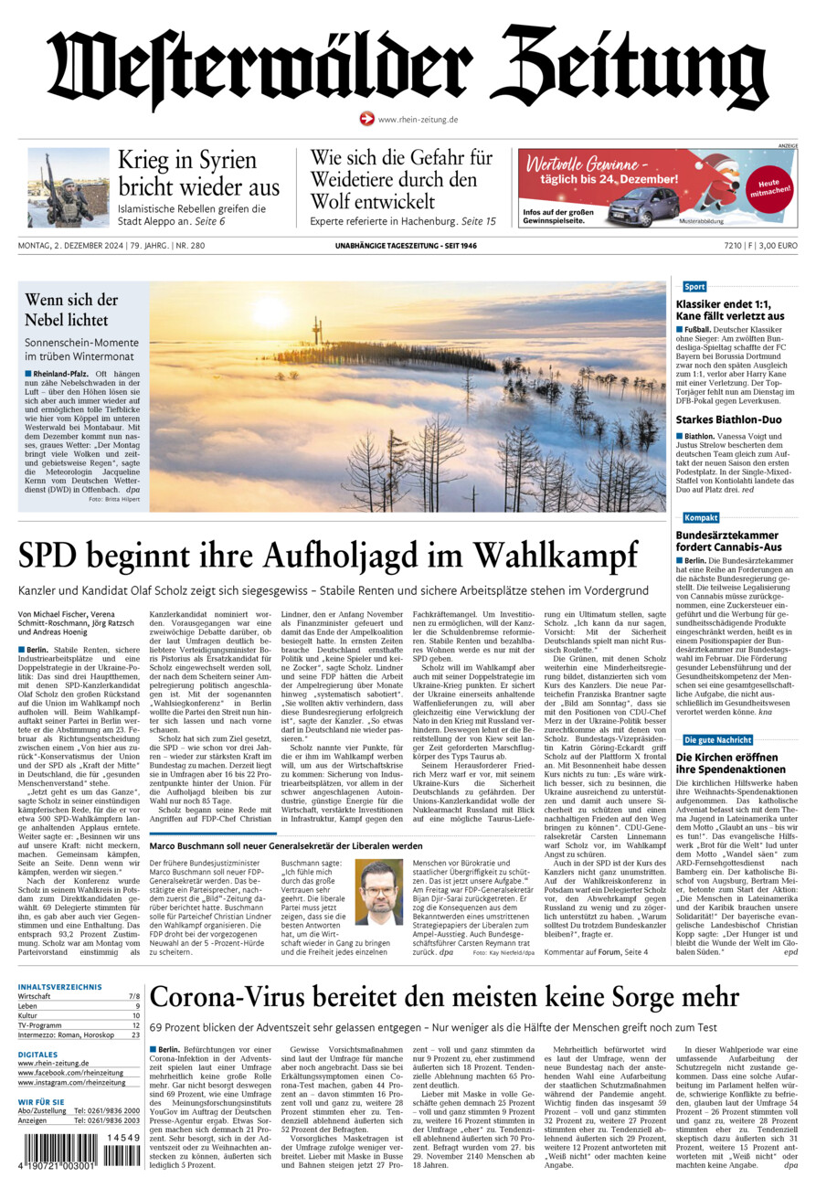 Westerwälder Zeitung vom Montag, 02.12.2024