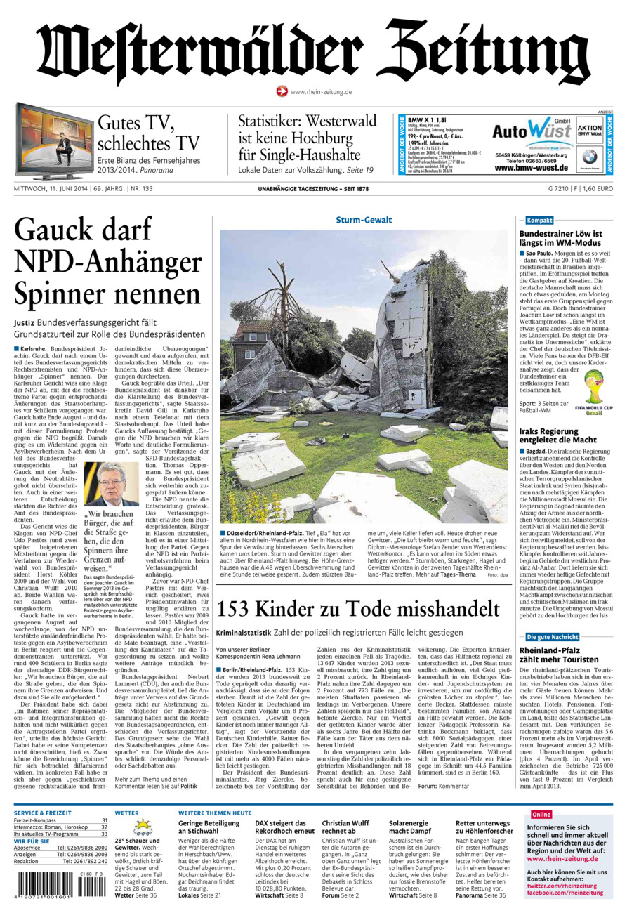 Westerwälder Zeitung vom Mittwoch, 11.06.2014
