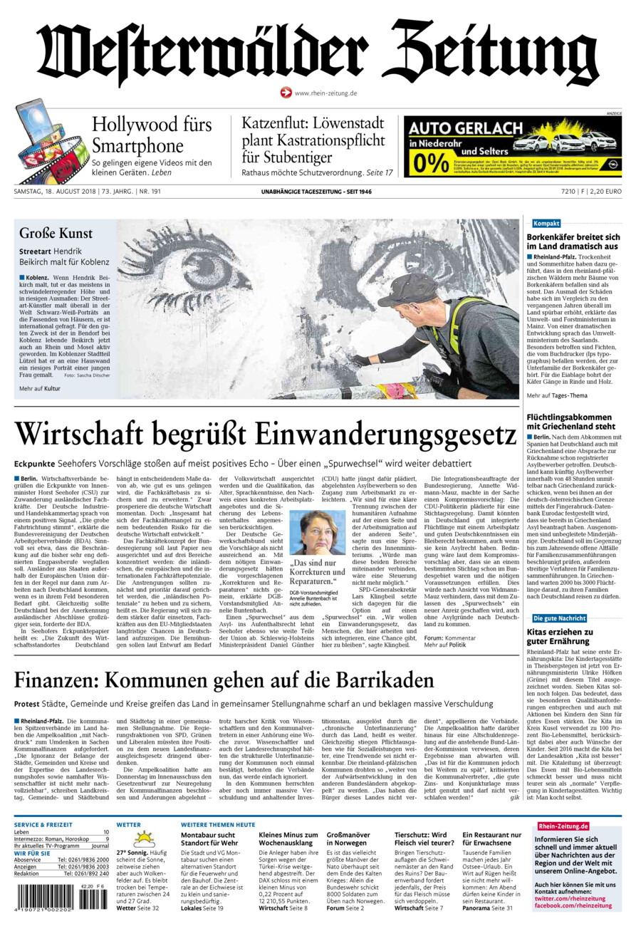 Westerwälder Zeitung vom Samstag, 18.08.2018