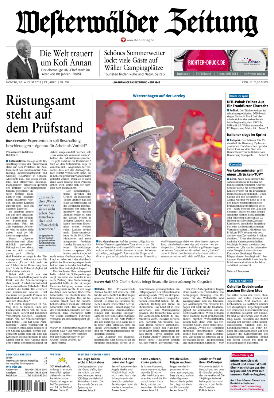 Westerwälder Zeitung vom Montag, 20.08.2018