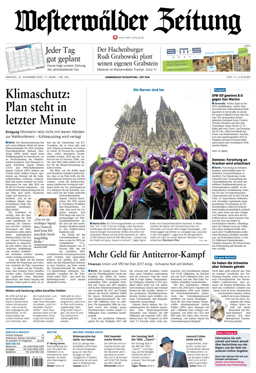 Westerwälder Zeitung vom Samstag, 12.11.2016