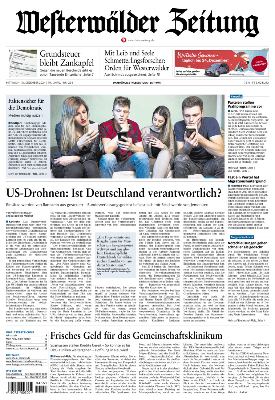 Westerwälder Zeitung vom Mittwoch, 18.12.2024