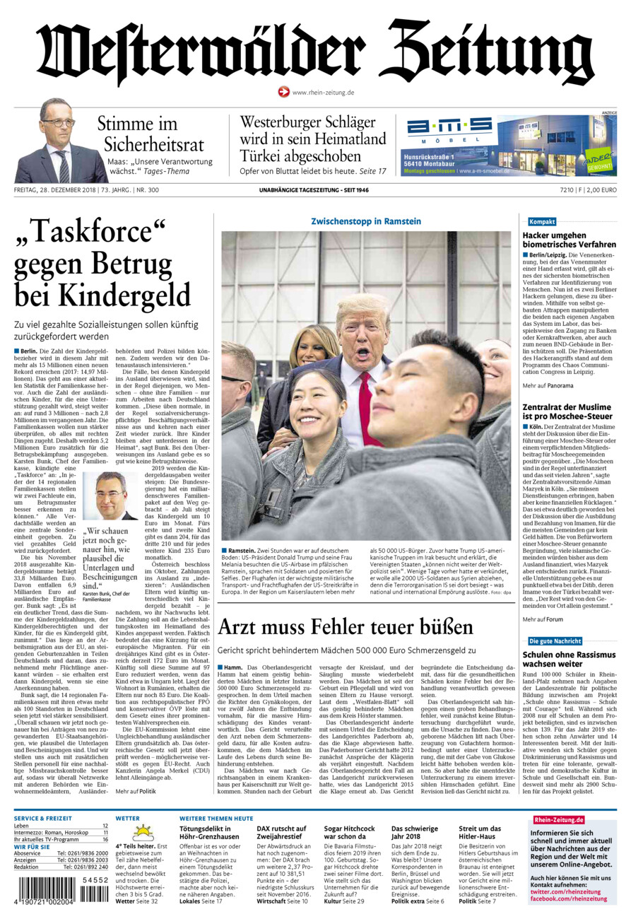 Westerwälder Zeitung vom Freitag, 28.12.2018