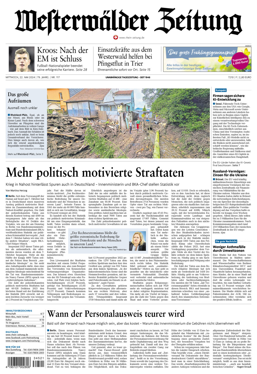 Westerwälder Zeitung vom Mittwoch, 22.05.2024