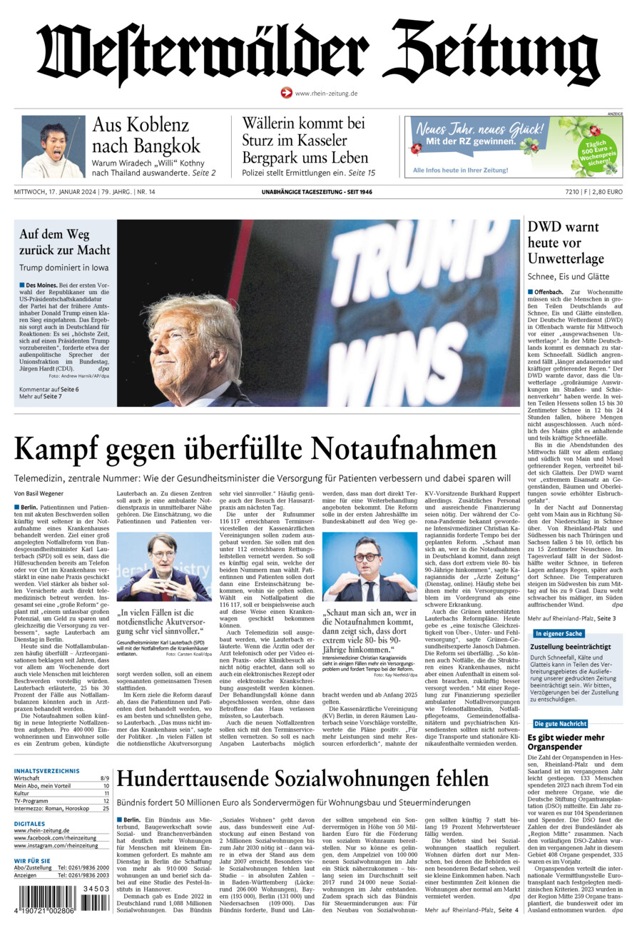 Westerwälder Zeitung vom Mittwoch, 17.01.2024
