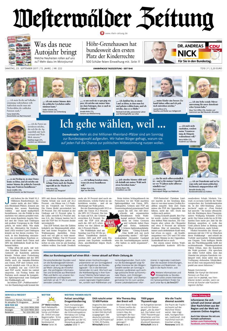Westerwälder Zeitung vom Samstag, 23.09.2017