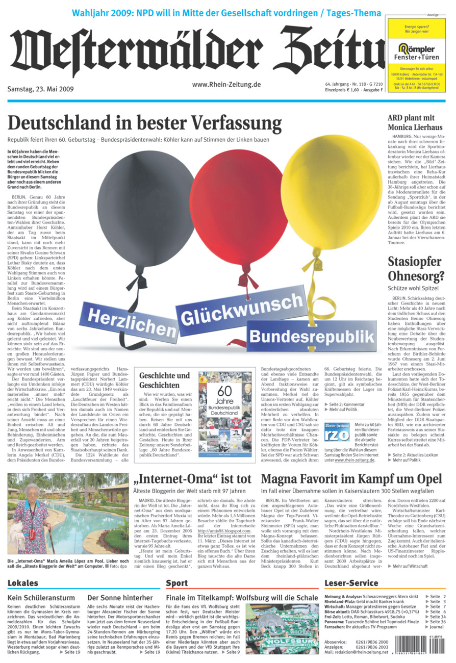 Westerwälder Zeitung vom Samstag, 23.05.2009