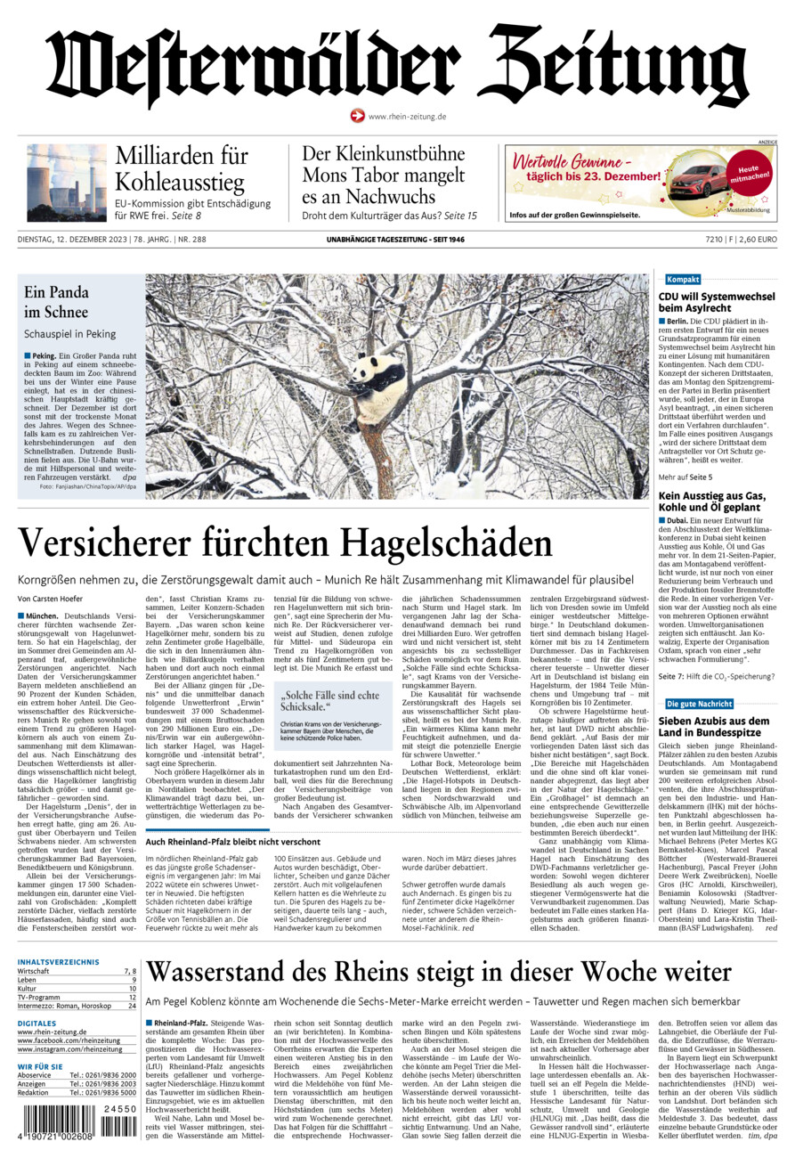 Westerwälder Zeitung vom Dienstag, 12.12.2023