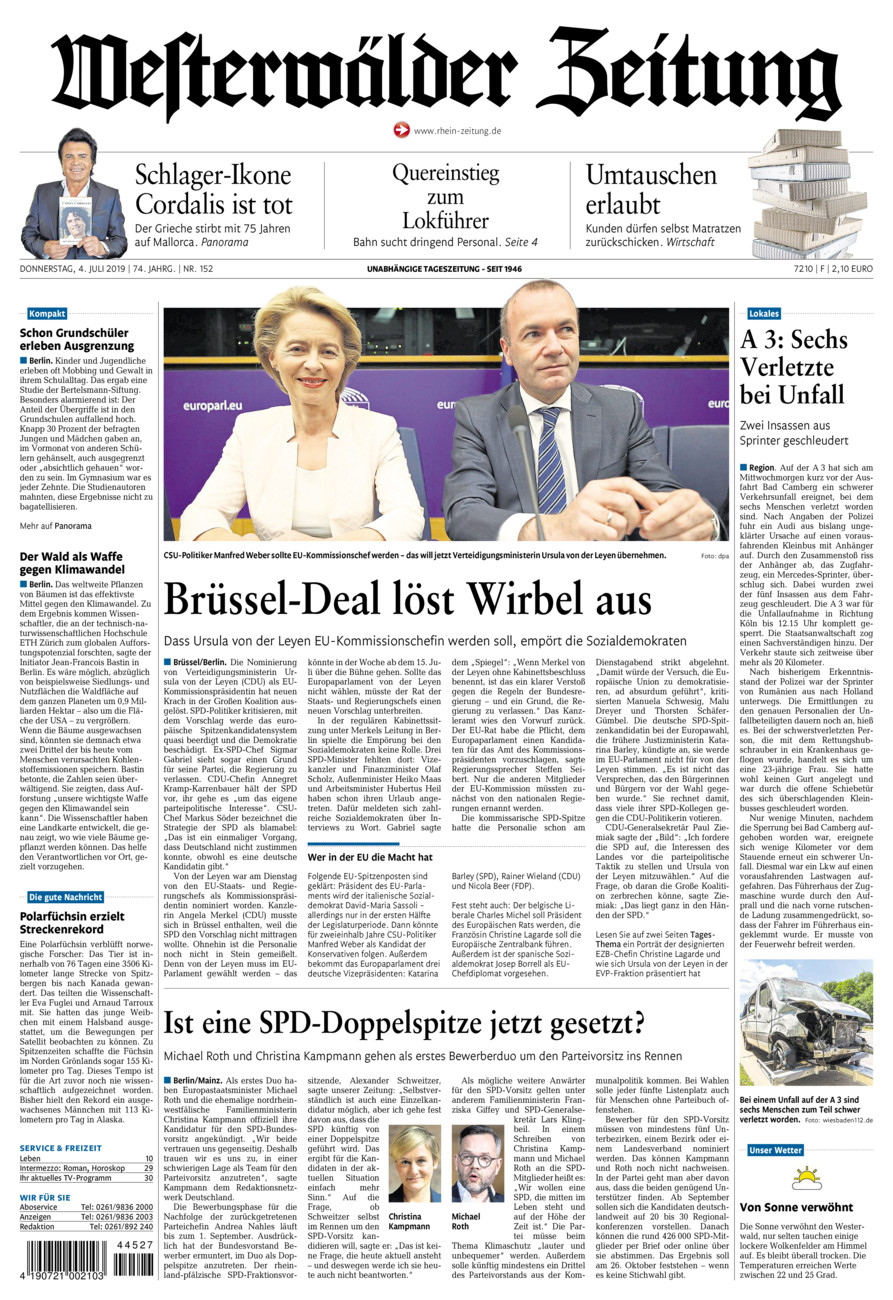 Westerwälder Zeitung vom Donnerstag, 04.07.2019